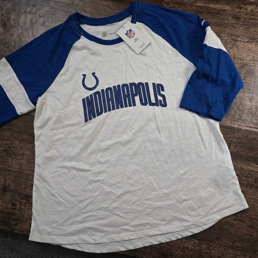 NIKE Indianapolis Colts‎ Shirt Womens XL White Blue NEW NFL Raglan 3/4 Sleeve